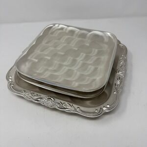 Vintage Seki Japan Serving Tray Set Silver Plated Preowned Floral Footed 3pc